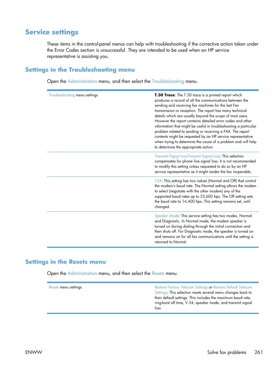 Service settings, Settings in the troubleshooting menu, Settings in the resets menu | HP Color LaserJet Enterprise CM4540 MFP series User Manual | Page 281 / 386