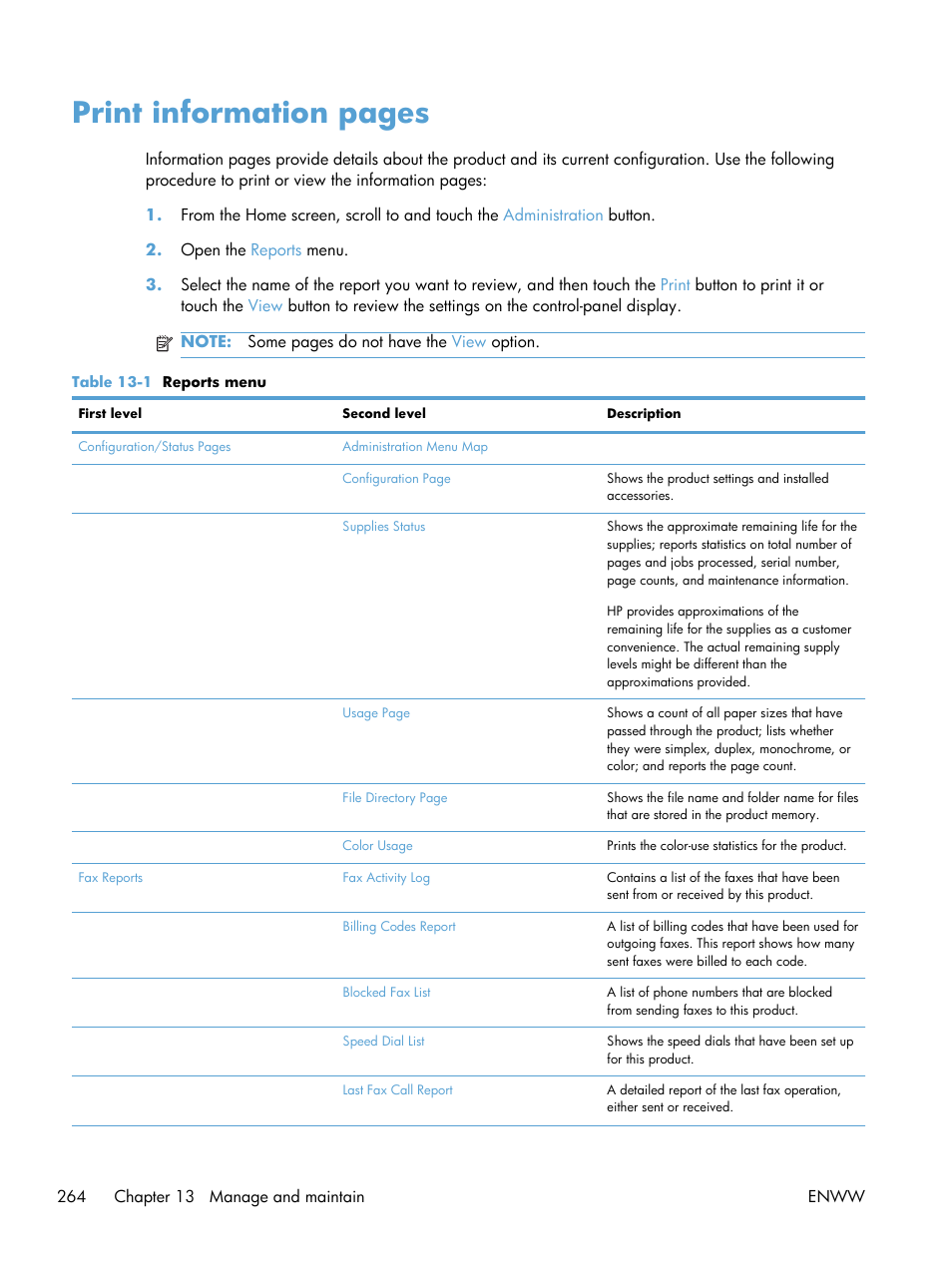 Print information pages | HP Color LaserJet Enterprise CM4540 MFP series User Manual | Page 284 / 386