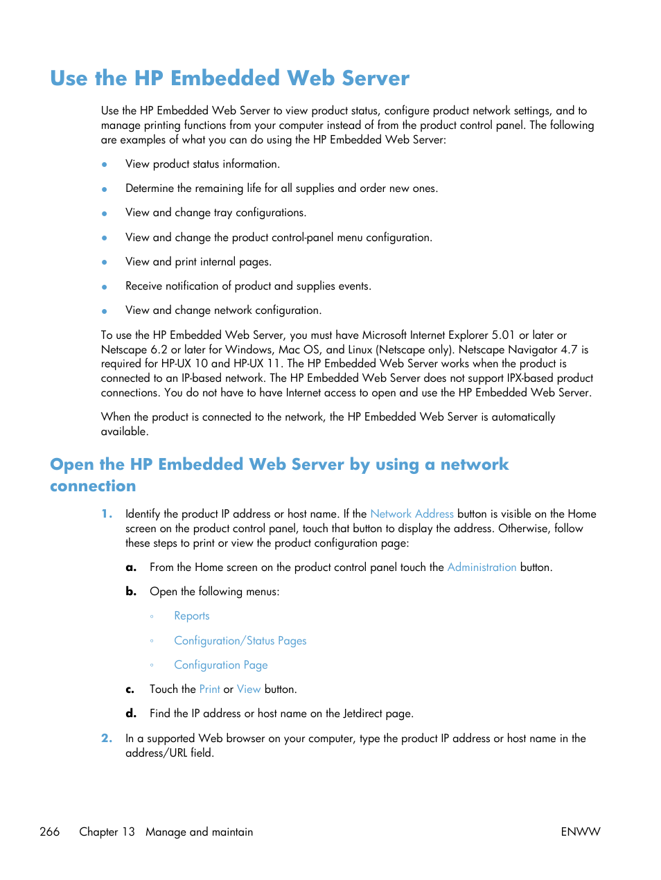 Use the hp embedded web server | HP Color LaserJet Enterprise CM4540 MFP series User Manual | Page 286 / 386