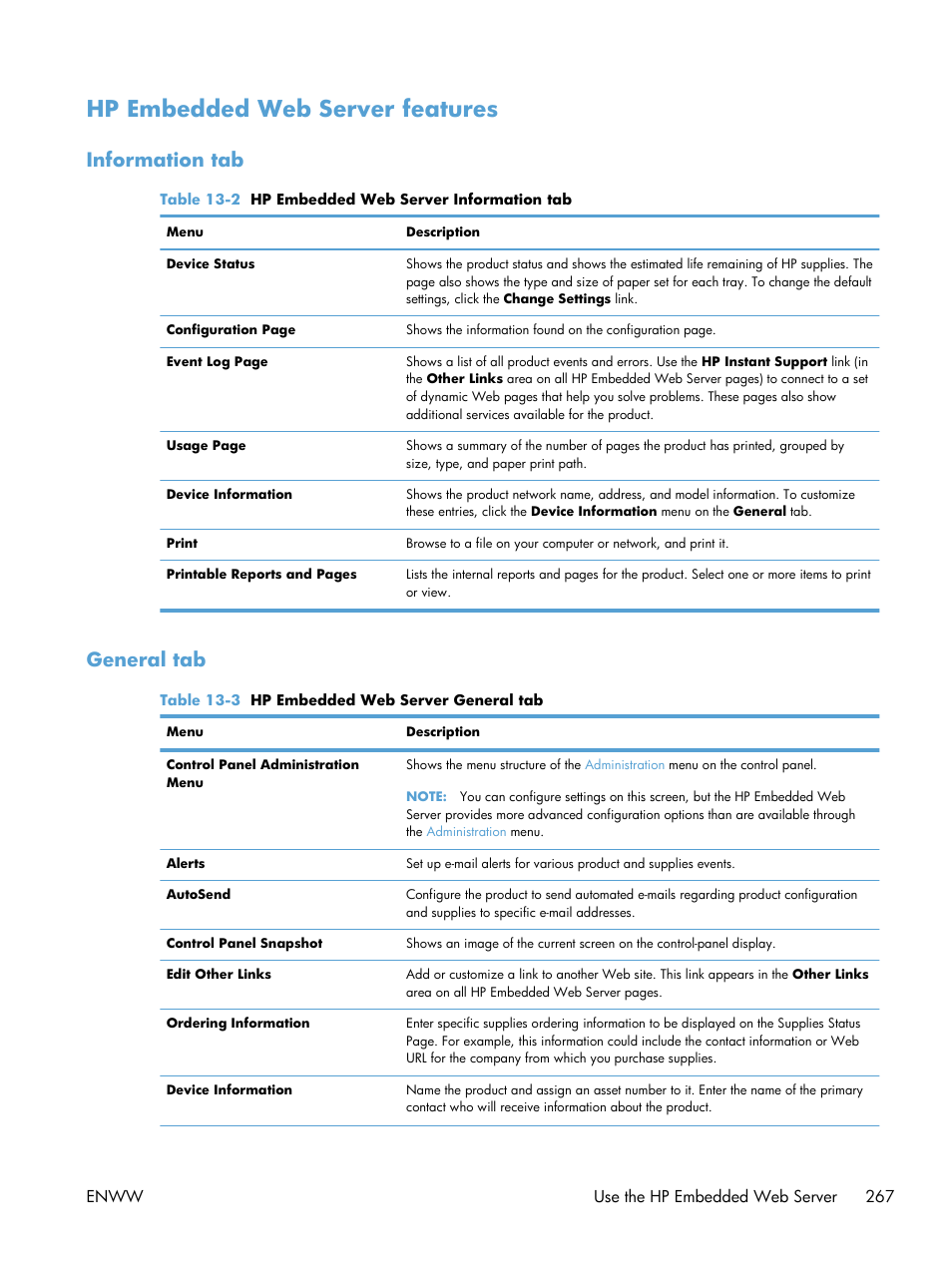 Hp embedded web server features, Information tab, General tab | Information tab general tab | HP Color LaserJet Enterprise CM4540 MFP series User Manual | Page 287 / 386