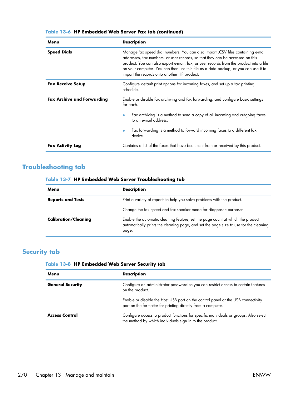 Troubleshooting tab, Security tab, Troubleshooting tab security tab | HP Color LaserJet Enterprise CM4540 MFP series User Manual | Page 290 / 386