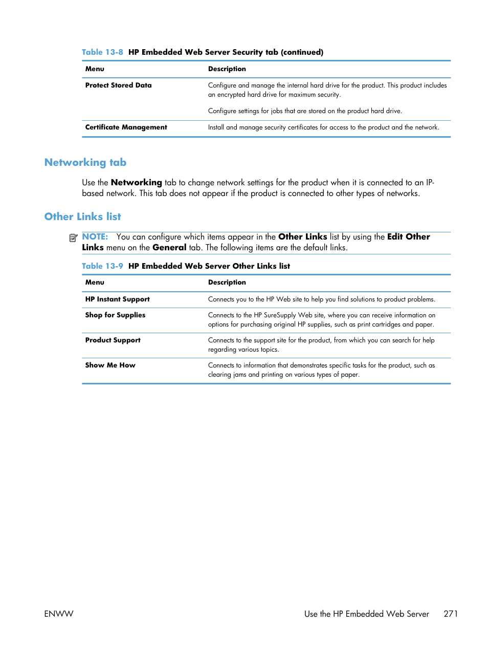 Networking tab, Other links list, Networking tab other links list | HP Color LaserJet Enterprise CM4540 MFP series User Manual | Page 291 / 386