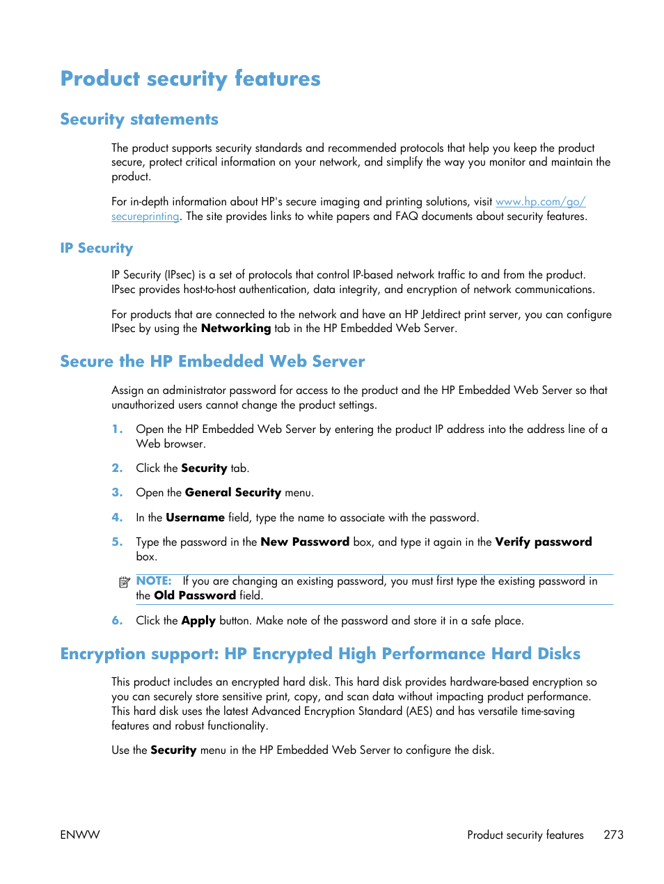 Product security features, Security statements, Ip security | Secure the hp embedded web server | HP Color LaserJet Enterprise CM4540 MFP series User Manual | Page 293 / 386