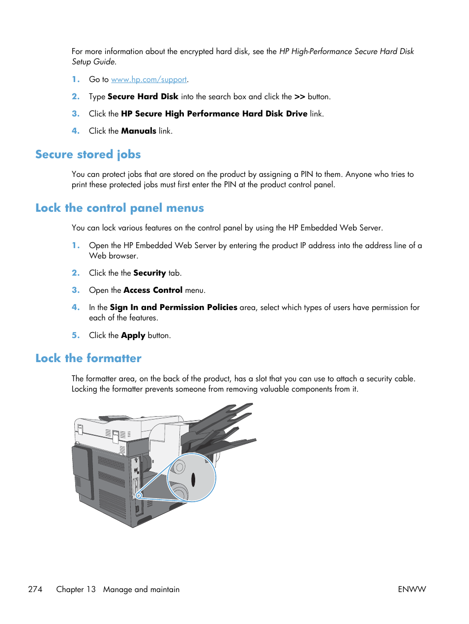 Secure stored jobs, Lock the control panel menus, Lock the formatter | HP Color LaserJet Enterprise CM4540 MFP series User Manual | Page 294 / 386