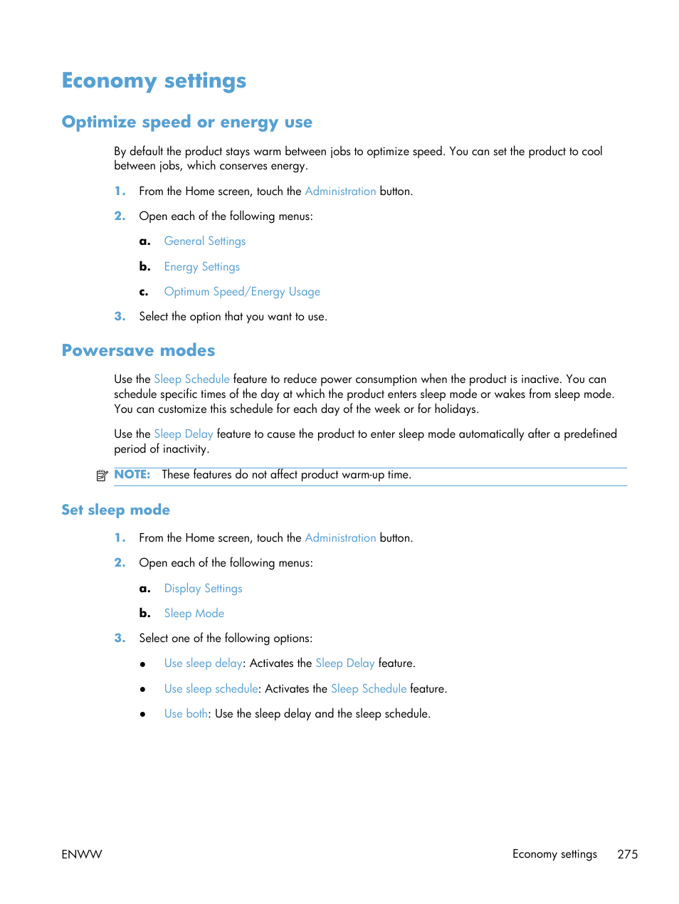Economy settings, Optimize speed or energy use, Powersave modes | Set sleep mode, Optimize speed or energy use powersave modes | HP Color LaserJet Enterprise CM4540 MFP series User Manual | Page 295 / 386