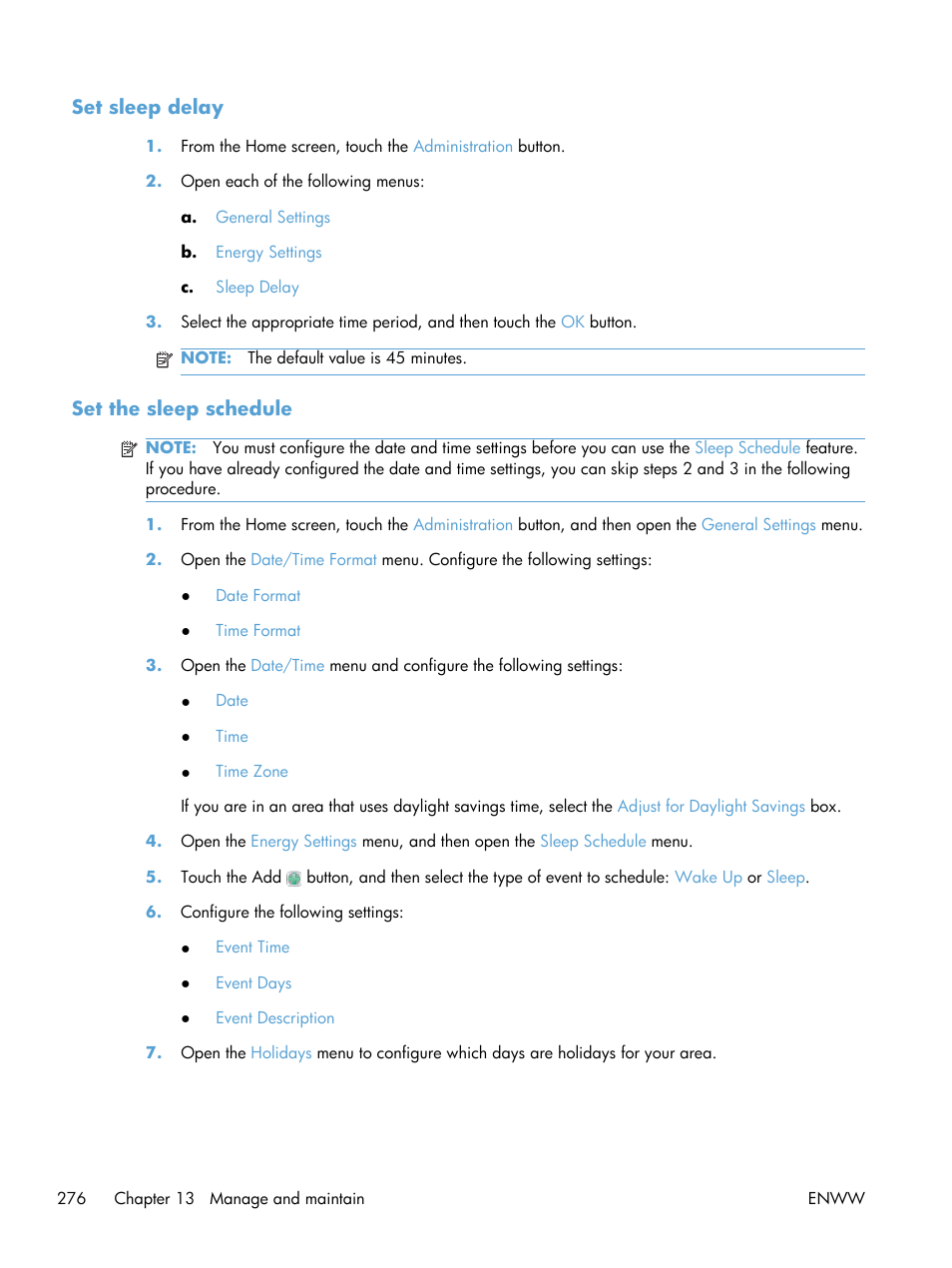 Set sleep delay, Set the sleep schedule, Set sleep delay set the sleep schedule | HP Color LaserJet Enterprise CM4540 MFP series User Manual | Page 296 / 386