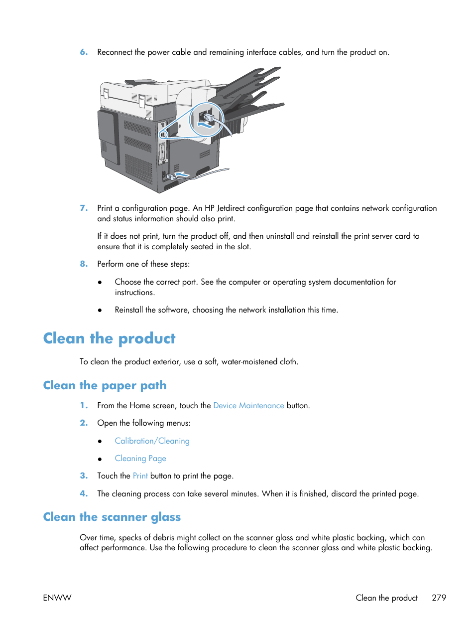 Clean the product, Clean the paper path, Clean the scanner glass | Clean the paper path clean the scanner glass | HP Color LaserJet Enterprise CM4540 MFP series User Manual | Page 299 / 386