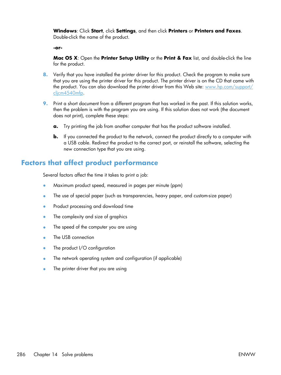 Factors that affect product performance | HP Color LaserJet Enterprise CM4540 MFP series User Manual | Page 306 / 386