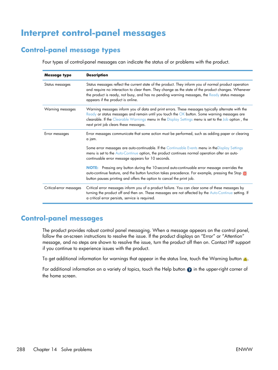 Interpret control-panel messages, Control-panel message types, Control-panel messages | Control-panel message types control-panel messages | HP Color LaserJet Enterprise CM4540 MFP series User Manual | Page 308 / 386