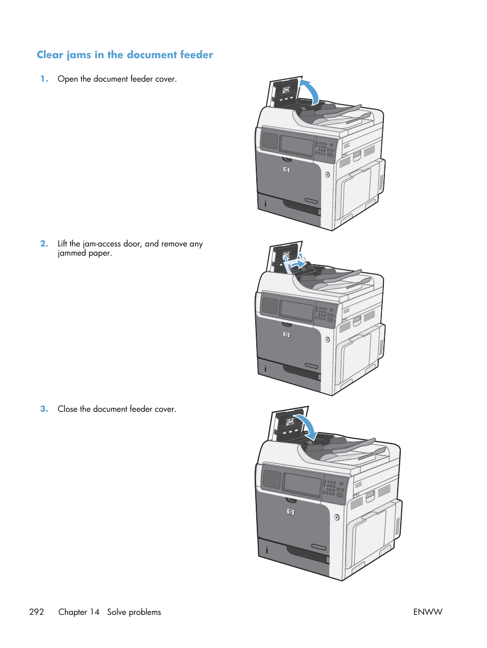 Clear jams in the document feeder | HP Color LaserJet Enterprise CM4540 MFP series User Manual | Page 312 / 386