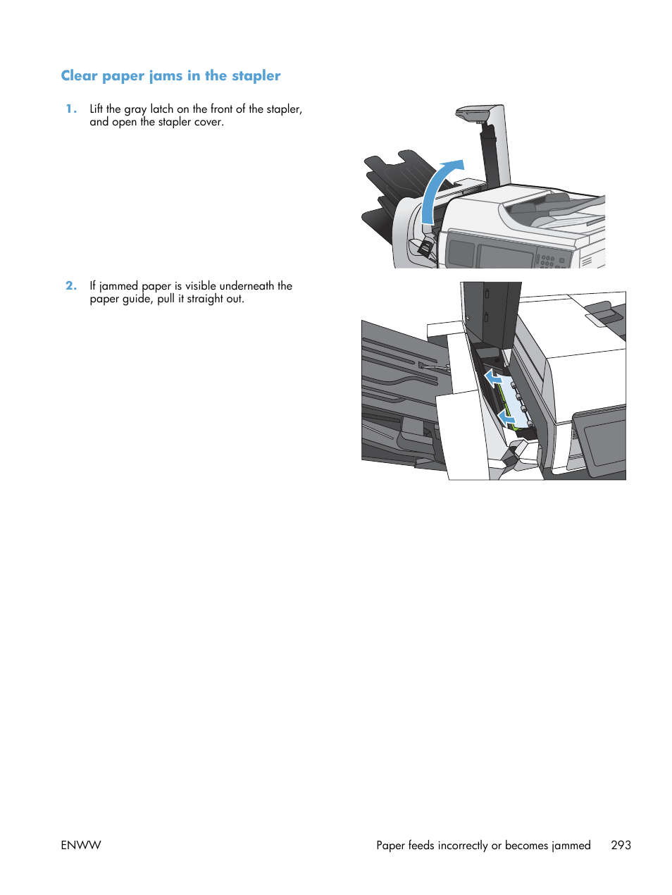Clear paper jams in the stapler | HP Color LaserJet Enterprise CM4540 MFP series User Manual | Page 313 / 386