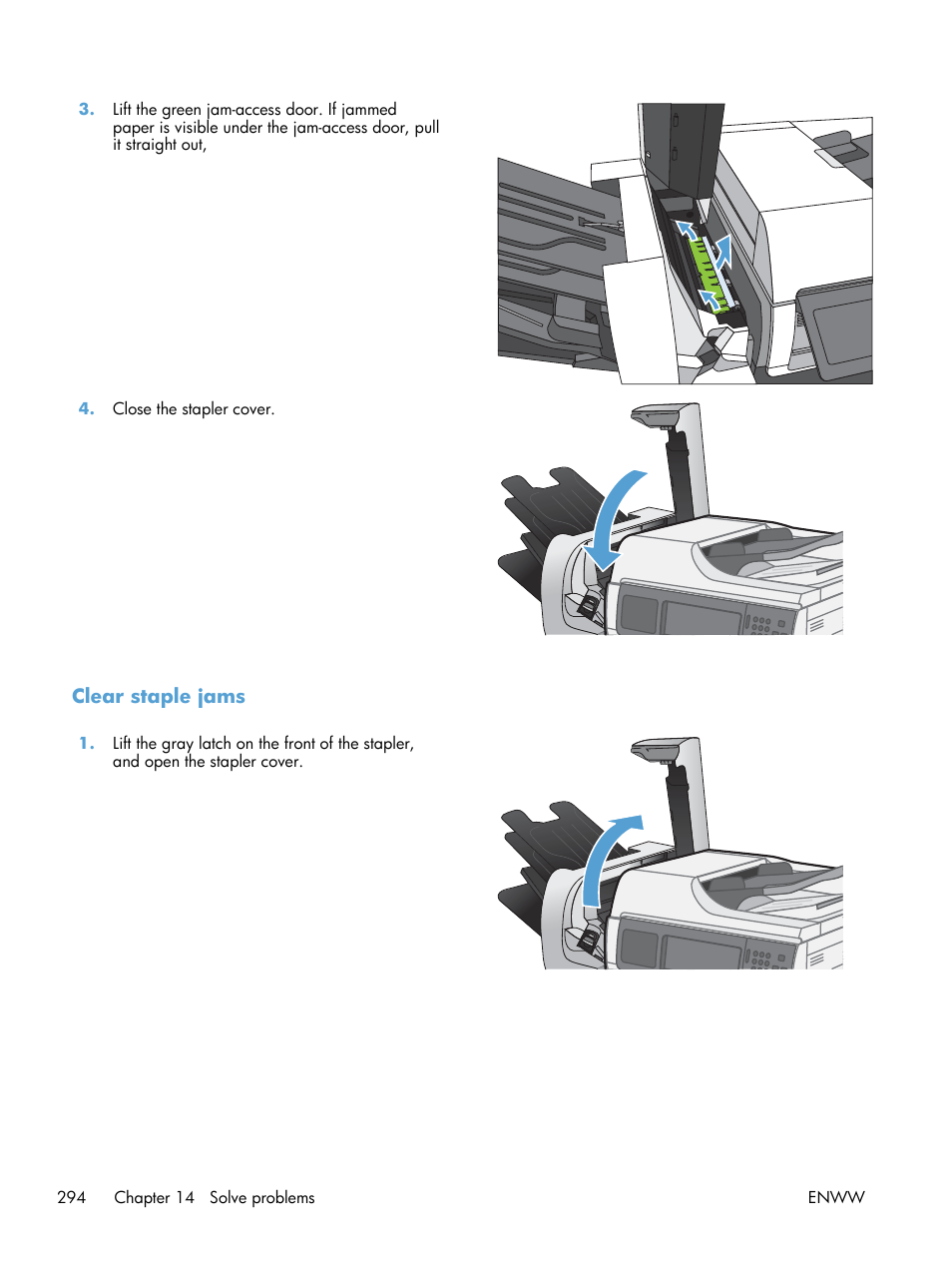 Clear staple jams | HP Color LaserJet Enterprise CM4540 MFP series User Manual | Page 314 / 386