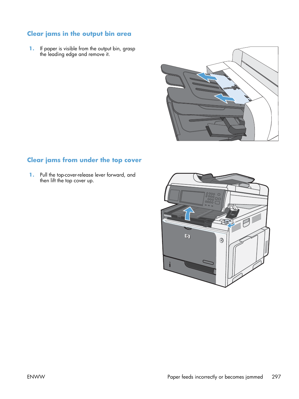 Clear jams in the output bin area, Clear jams from under the top cover | HP Color LaserJet Enterprise CM4540 MFP series User Manual | Page 317 / 386