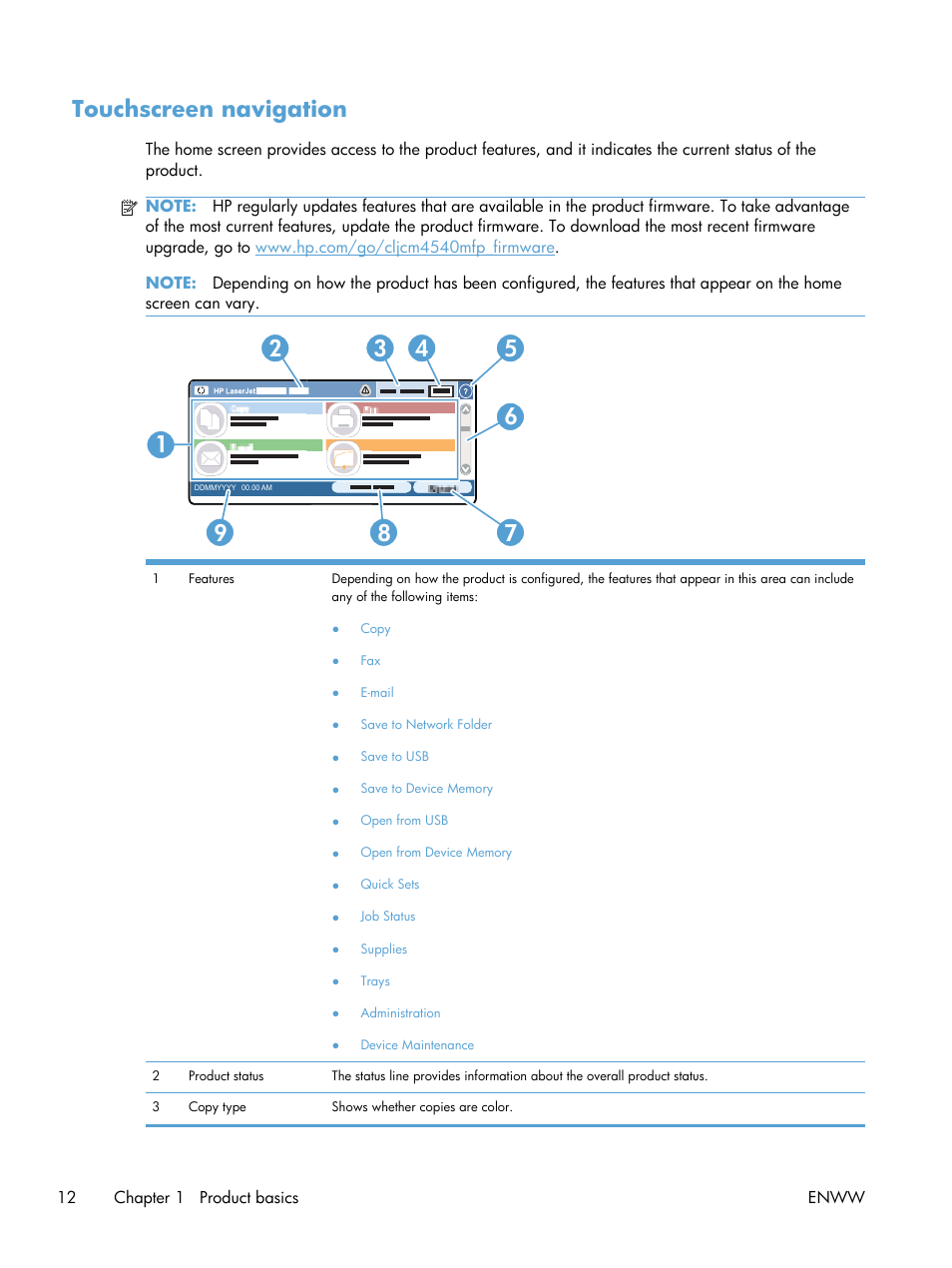 Touchscreen navigation | HP Color LaserJet Enterprise CM4540 MFP series User Manual | Page 32 / 386