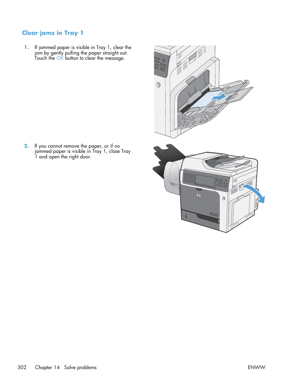 Clear jams in tray 1 | HP Color LaserJet Enterprise CM4540 MFP series User Manual | Page 322 / 386