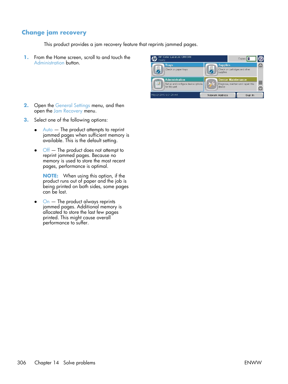 Change jam recovery | HP Color LaserJet Enterprise CM4540 MFP series User Manual | Page 326 / 386