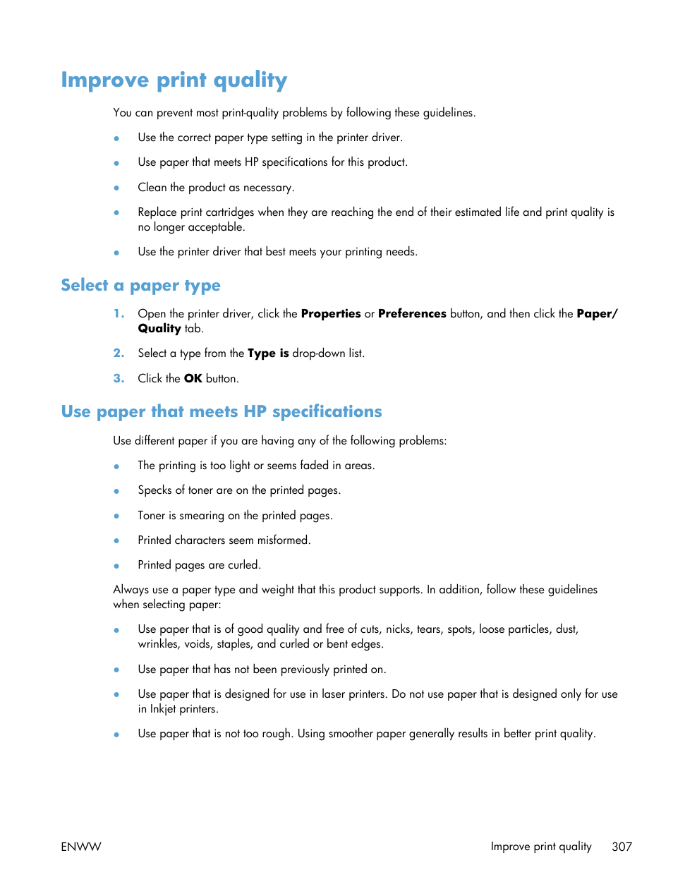 Improve print quality, Select a paper type, Use paper that meets hp specifications | HP Color LaserJet Enterprise CM4540 MFP series User Manual | Page 327 / 386