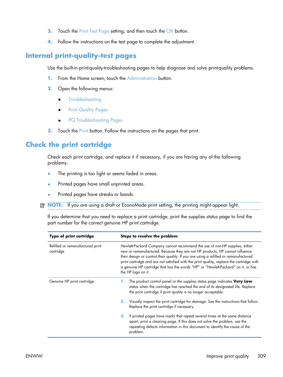 Check the print cartridge, Internal print-quality-test pages | HP Color LaserJet Enterprise CM4540 MFP series User Manual | Page 329 / 386