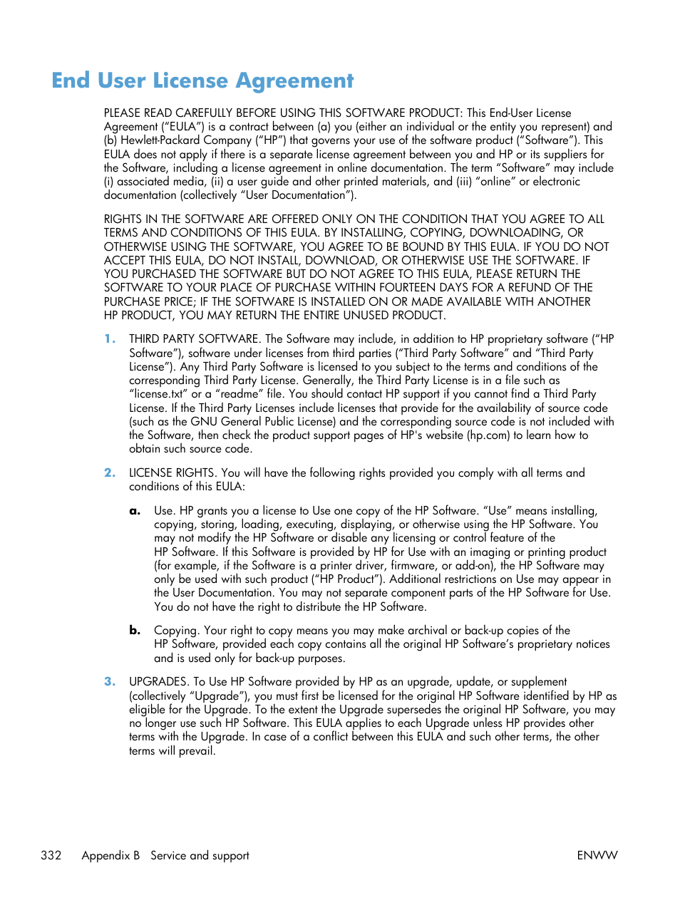 End user license agreement | HP Color LaserJet Enterprise CM4540 MFP series User Manual | Page 352 / 386