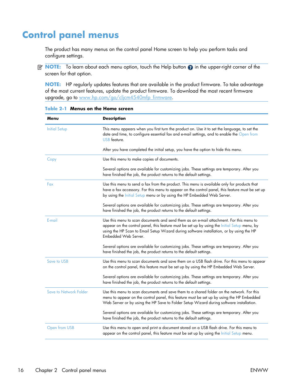 Control panel menus | HP Color LaserJet Enterprise CM4540 MFP series User Manual | Page 36 / 386