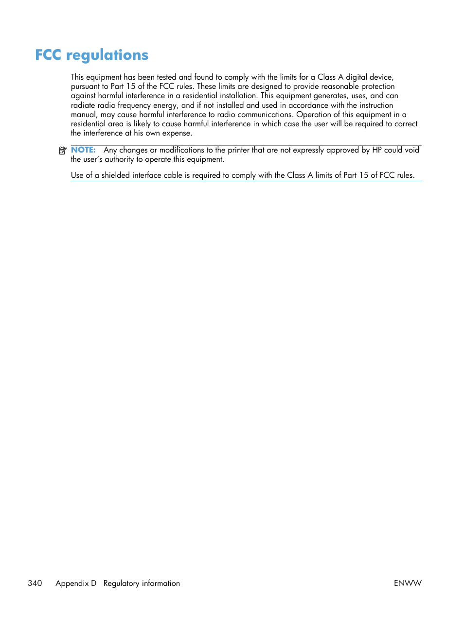Fcc regulations | HP Color LaserJet Enterprise CM4540 MFP series User Manual | Page 360 / 386