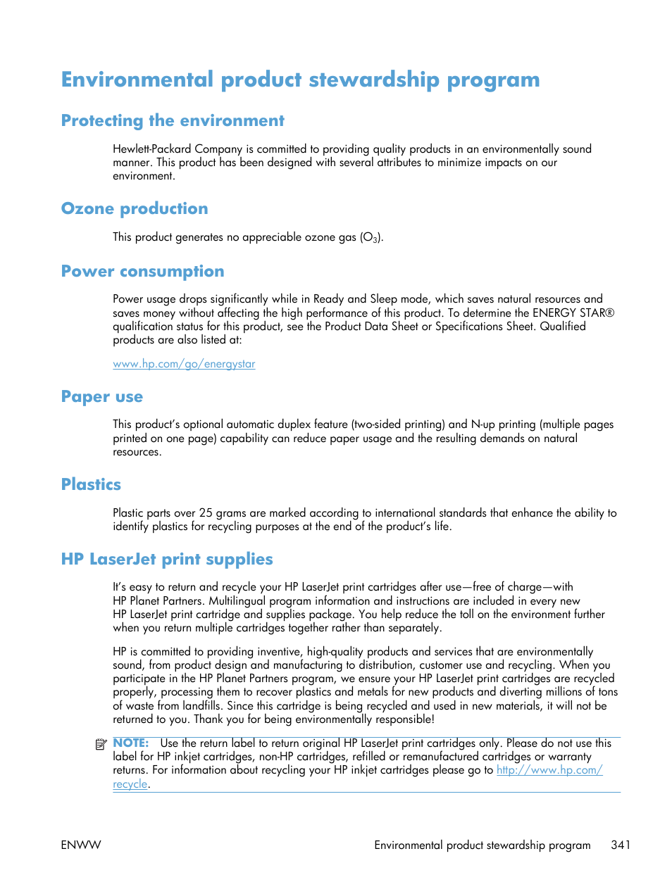 Environmental product stewardship program, Protecting the environment, Ozone production | Power consumption, Paper use, Plastics, Hp laserjet print supplies, Paper use plastics hp laserjet print supplies | HP Color LaserJet Enterprise CM4540 MFP series User Manual | Page 361 / 386