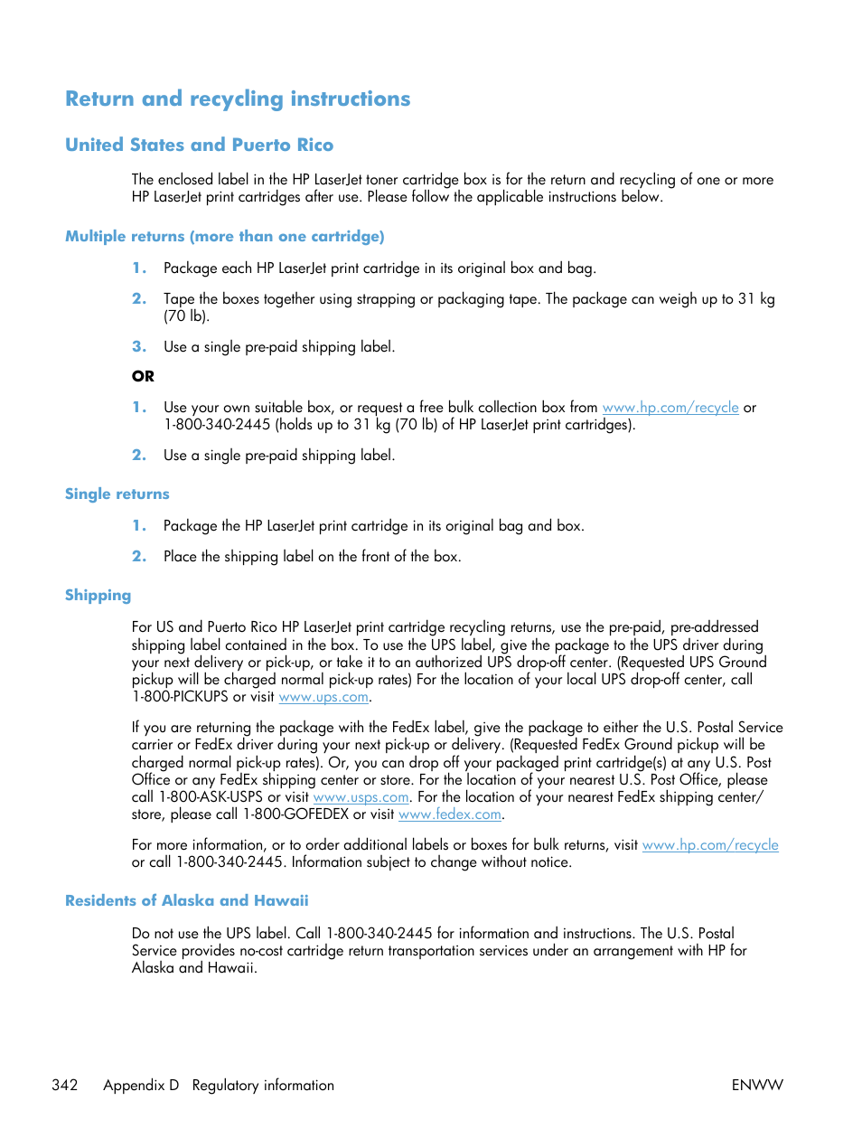 Return and recycling instructions, United states and puerto rico, Multiple returns (more than one cartridge) | Single returns, Shipping, Residents of alaska and hawaii | HP Color LaserJet Enterprise CM4540 MFP series User Manual | Page 362 / 386