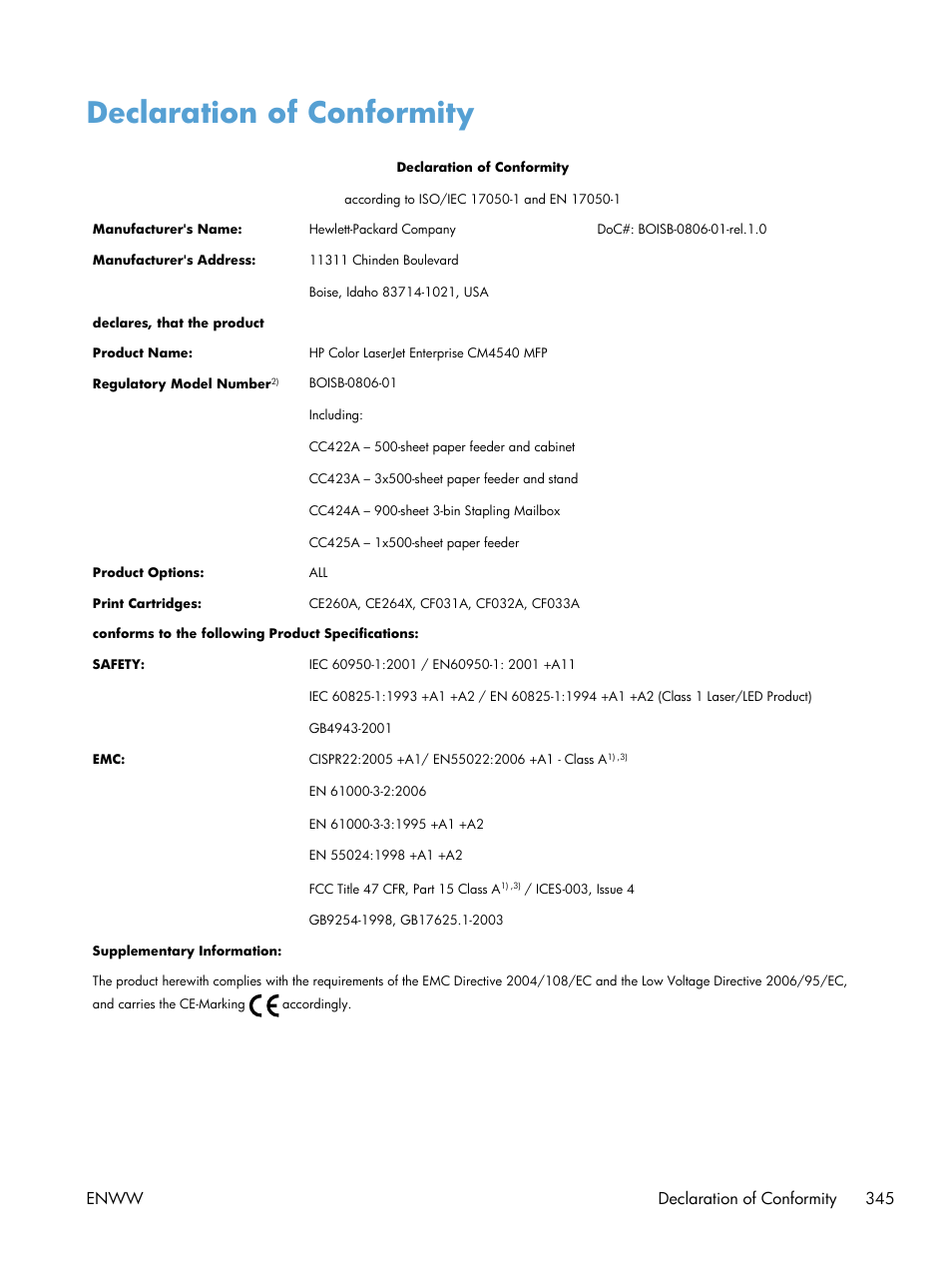 Declaration of conformity, Enww declaration of conformity 345 | HP Color LaserJet Enterprise CM4540 MFP series User Manual | Page 365 / 386