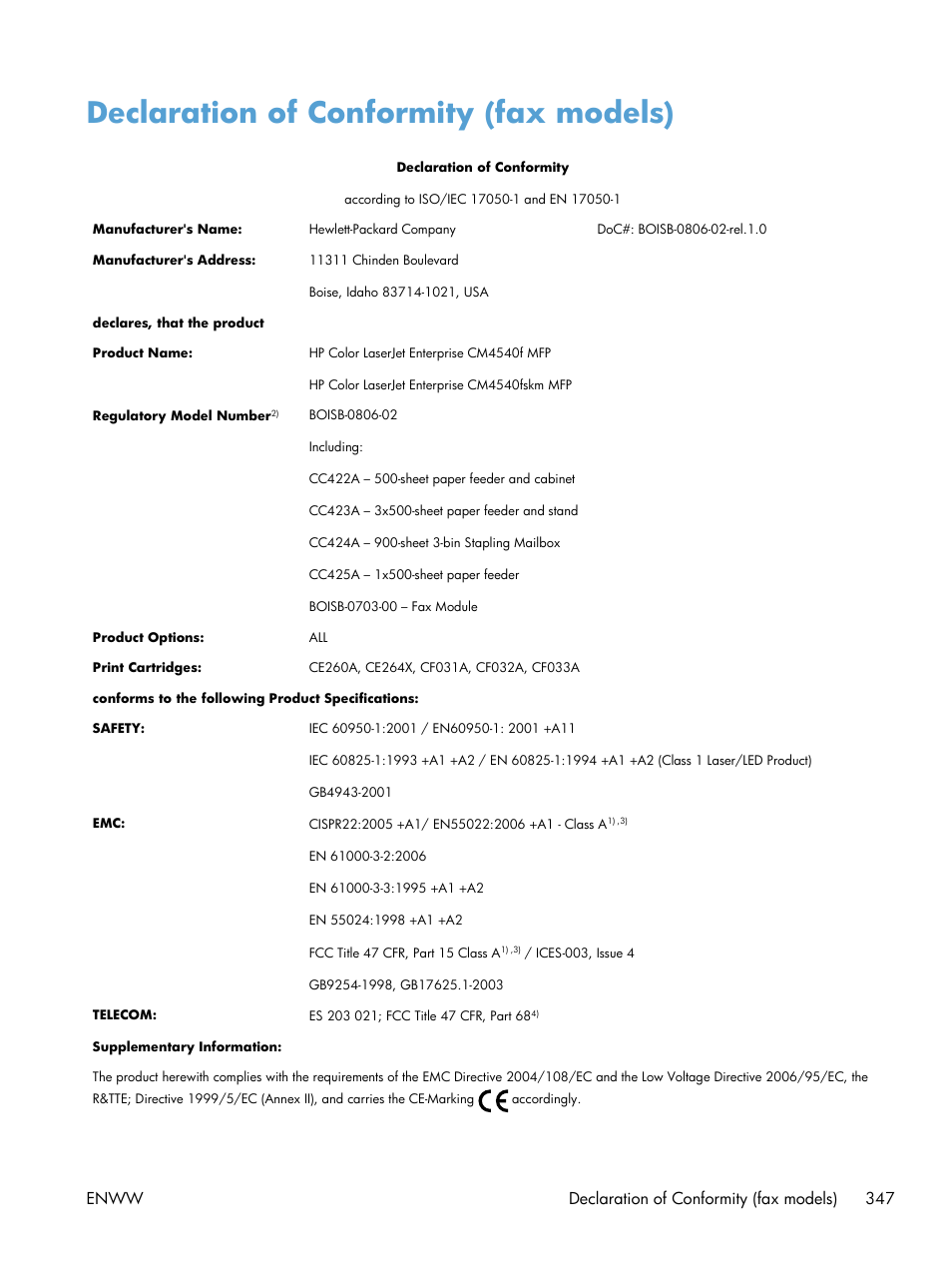 Declaration of conformity (fax models), Enww declaration of conformity (fax models) 347 | HP Color LaserJet Enterprise CM4540 MFP series User Manual | Page 367 / 386