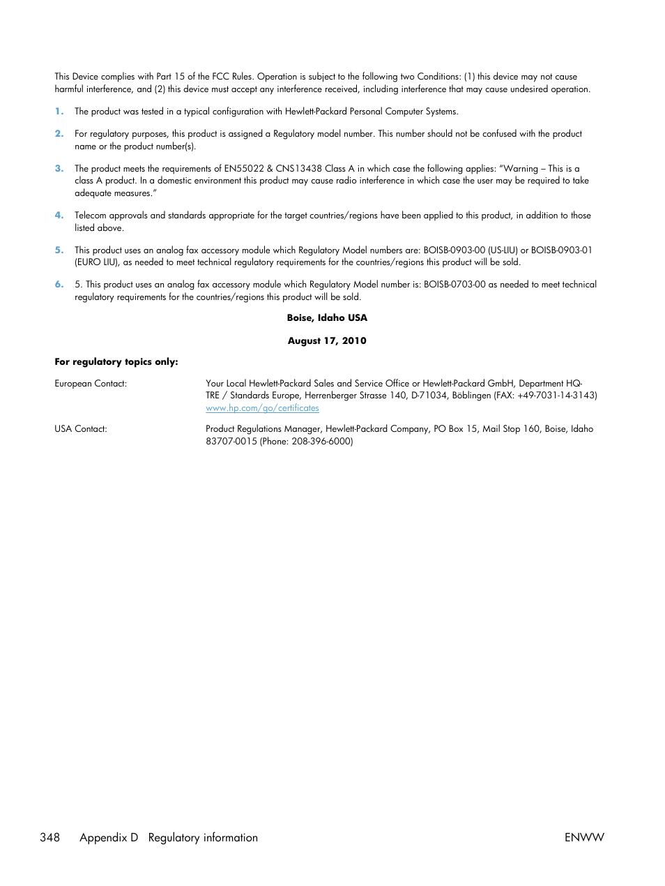 348 appendix d regulatory information enww | HP Color LaserJet Enterprise CM4540 MFP series User Manual | Page 368 / 386