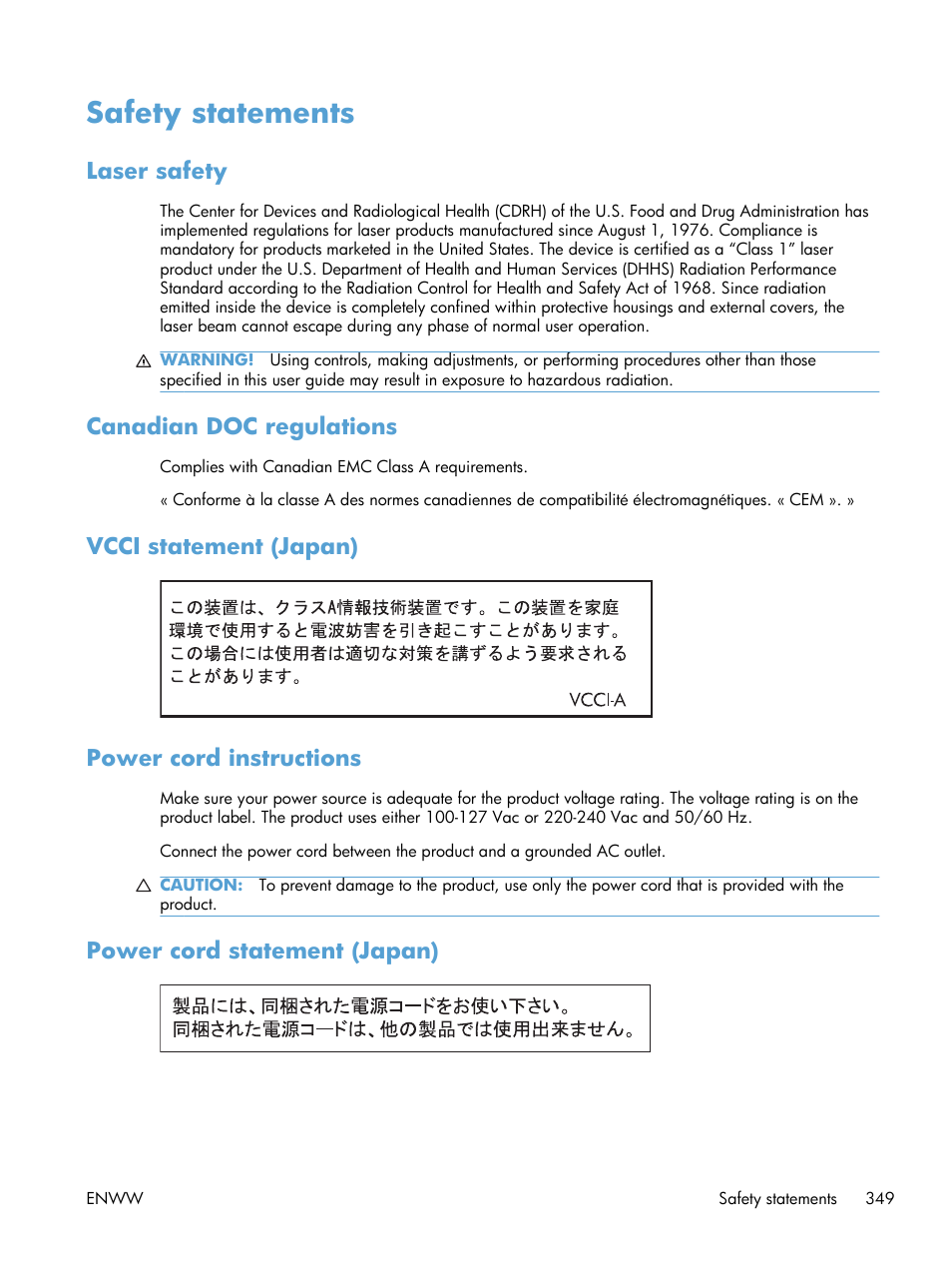 Safety statements, Laser safety, Canadian doc regulations | Vcci statement (japan), Power cord instructions, Power cord statement (japan), Vcci statement (japan) power cord instructions | HP Color LaserJet Enterprise CM4540 MFP series User Manual | Page 369 / 386