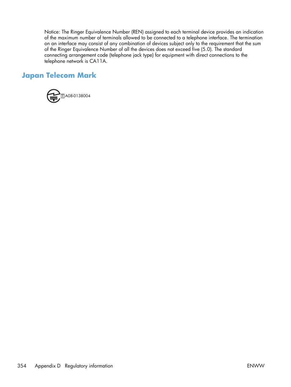 Japan telecom mark | HP Color LaserJet Enterprise CM4540 MFP series User Manual | Page 374 / 386