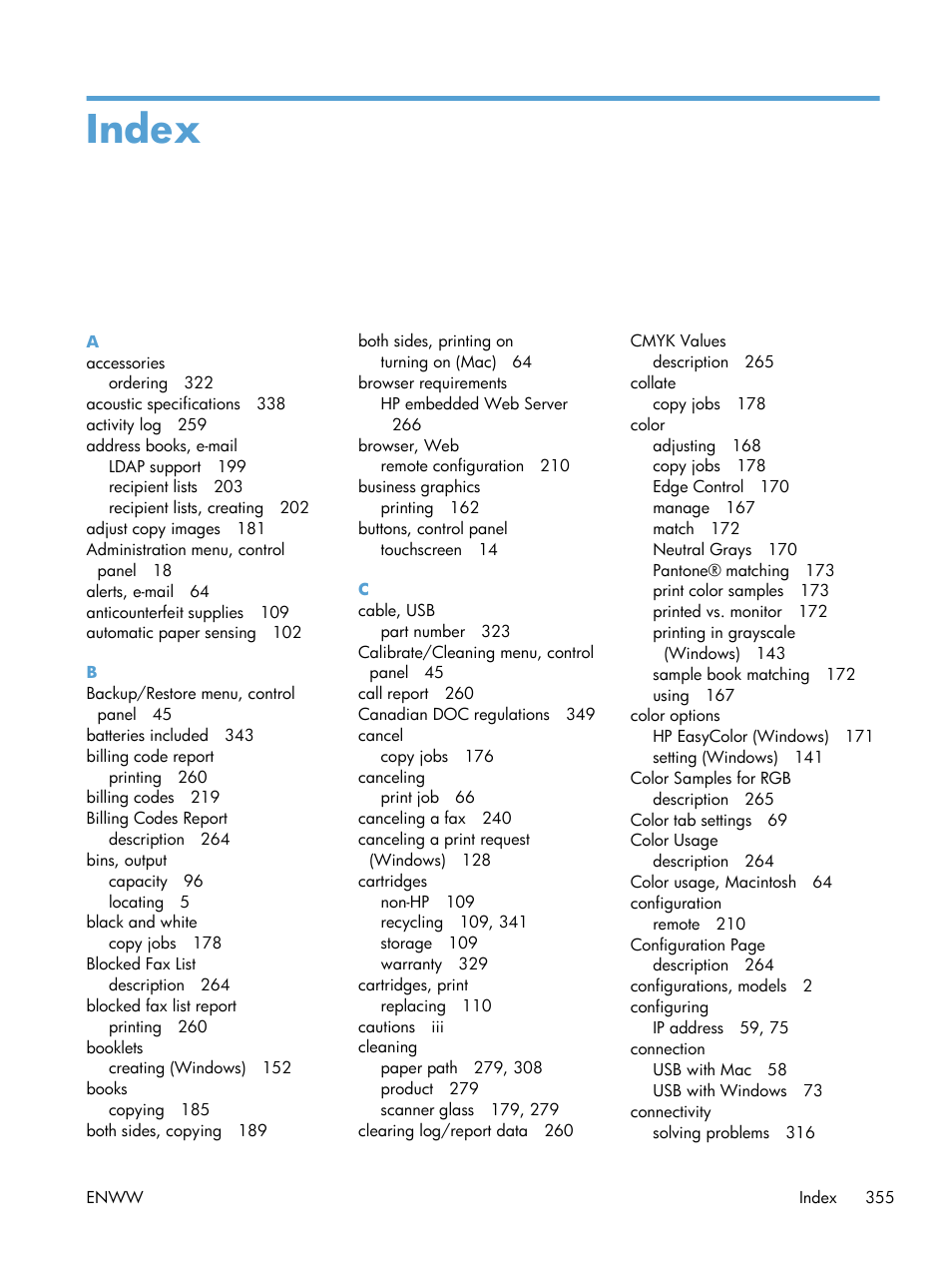 Index | HP Color LaserJet Enterprise CM4540 MFP series User Manual | Page 375 / 386