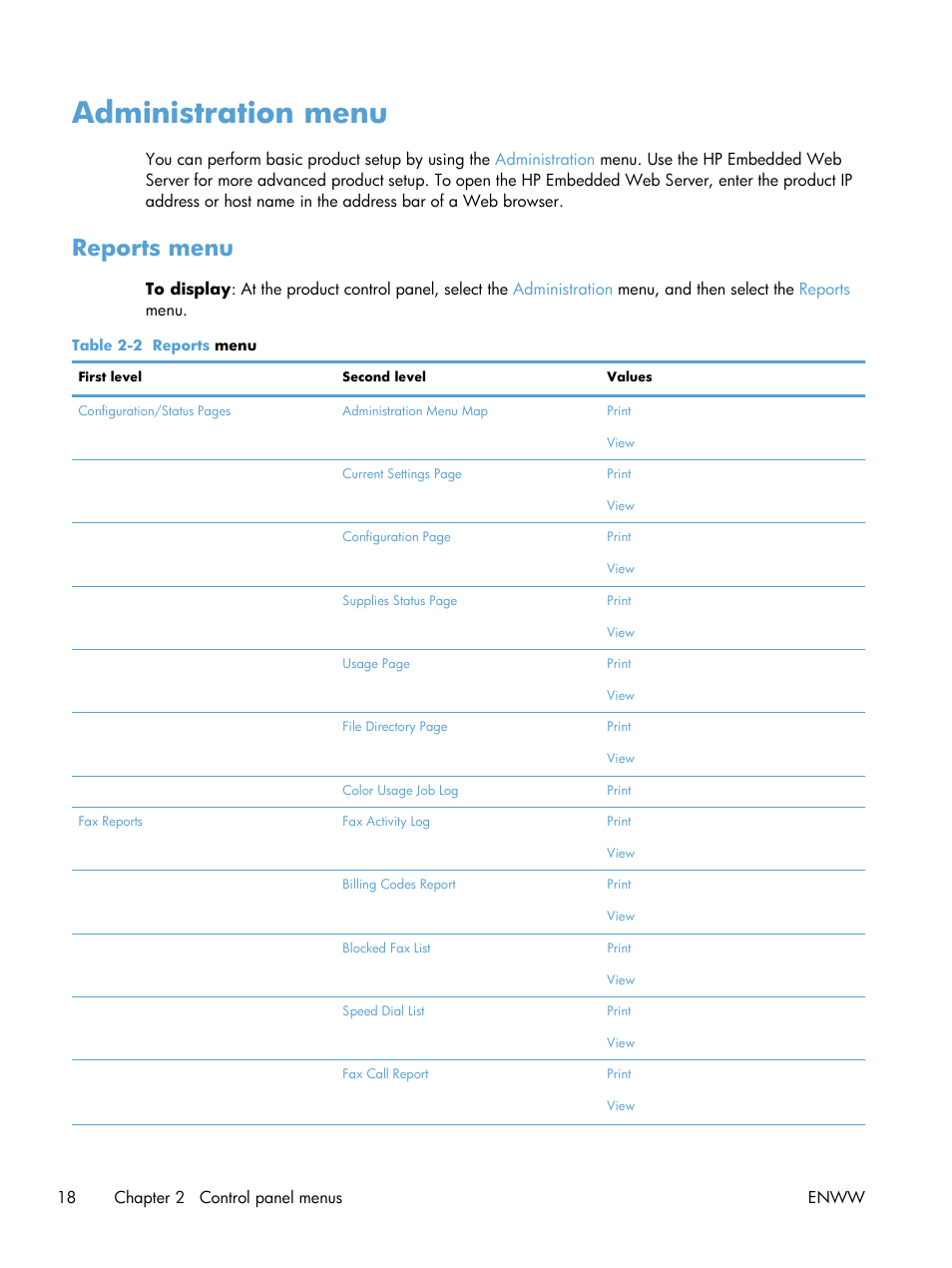 Administration menu, Reports menu | HP Color LaserJet Enterprise CM4540 MFP series User Manual | Page 38 / 386