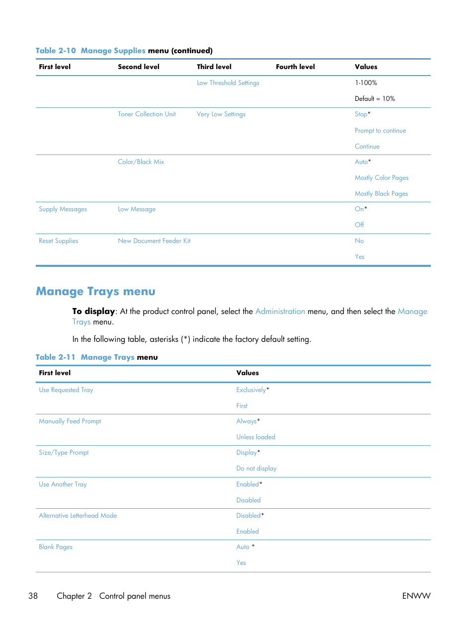 Manage trays menu | HP Color LaserJet Enterprise CM4540 MFP series User Manual | Page 58 / 386