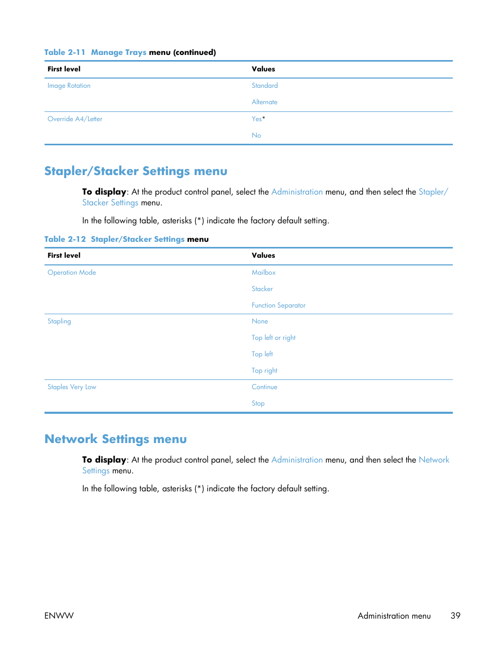 Stapler/stacker settings menu, Network settings menu | HP Color LaserJet Enterprise CM4540 MFP series User Manual | Page 59 / 386