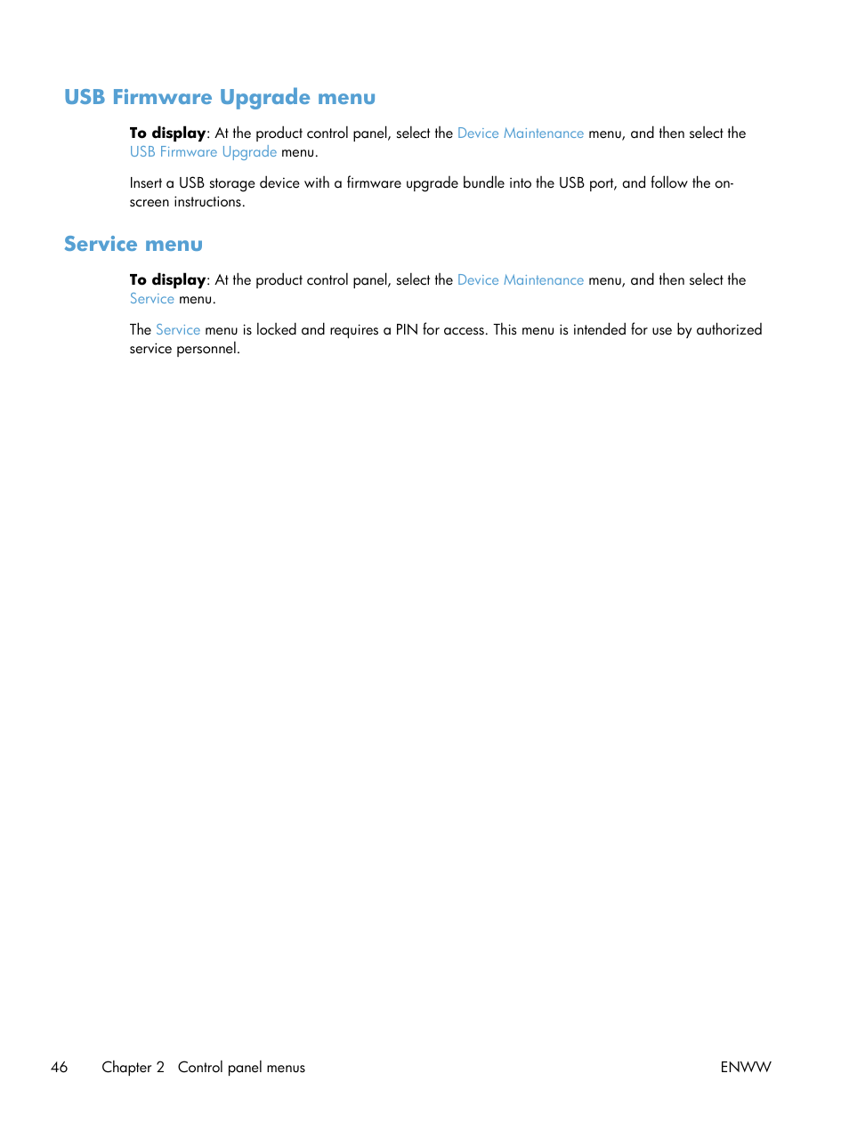 Usb firmware upgrade menu, Service menu, Usb firmware upgrade menu service menu | HP Color LaserJet Enterprise CM4540 MFP series User Manual | Page 66 / 386