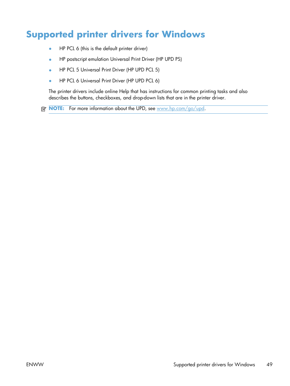 Supported printer drivers for windows | HP Color LaserJet Enterprise CM4540 MFP series User Manual | Page 69 / 386