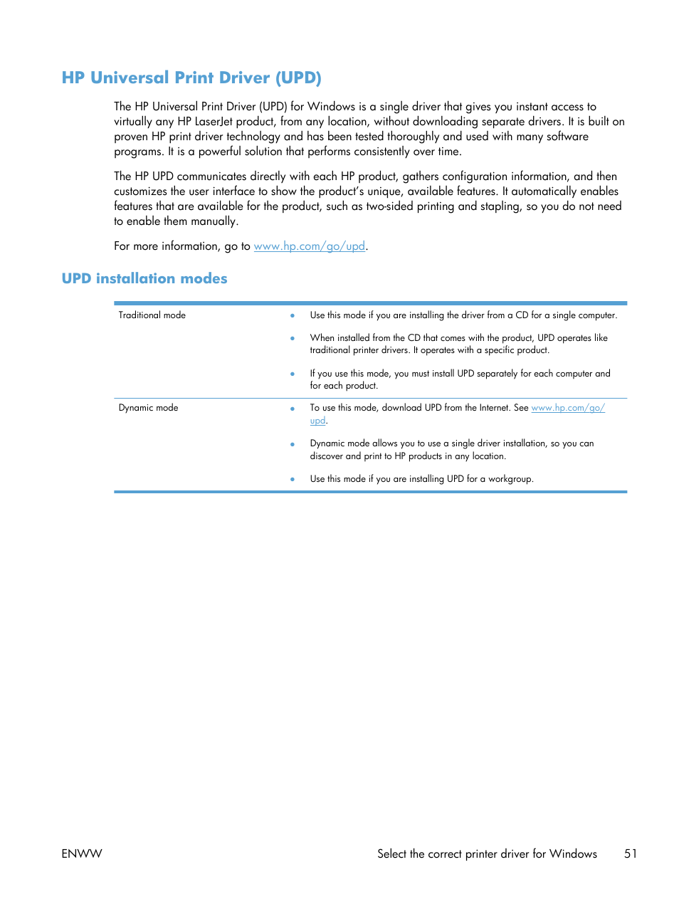 Hp universal print driver (upd), Upd installation modes | HP Color LaserJet Enterprise CM4540 MFP series User Manual | Page 71 / 386
