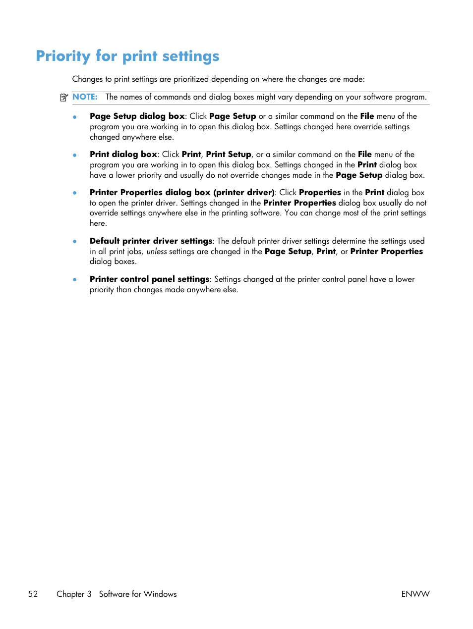 Priority for print settings | HP Color LaserJet Enterprise CM4540 MFP series User Manual | Page 72 / 386