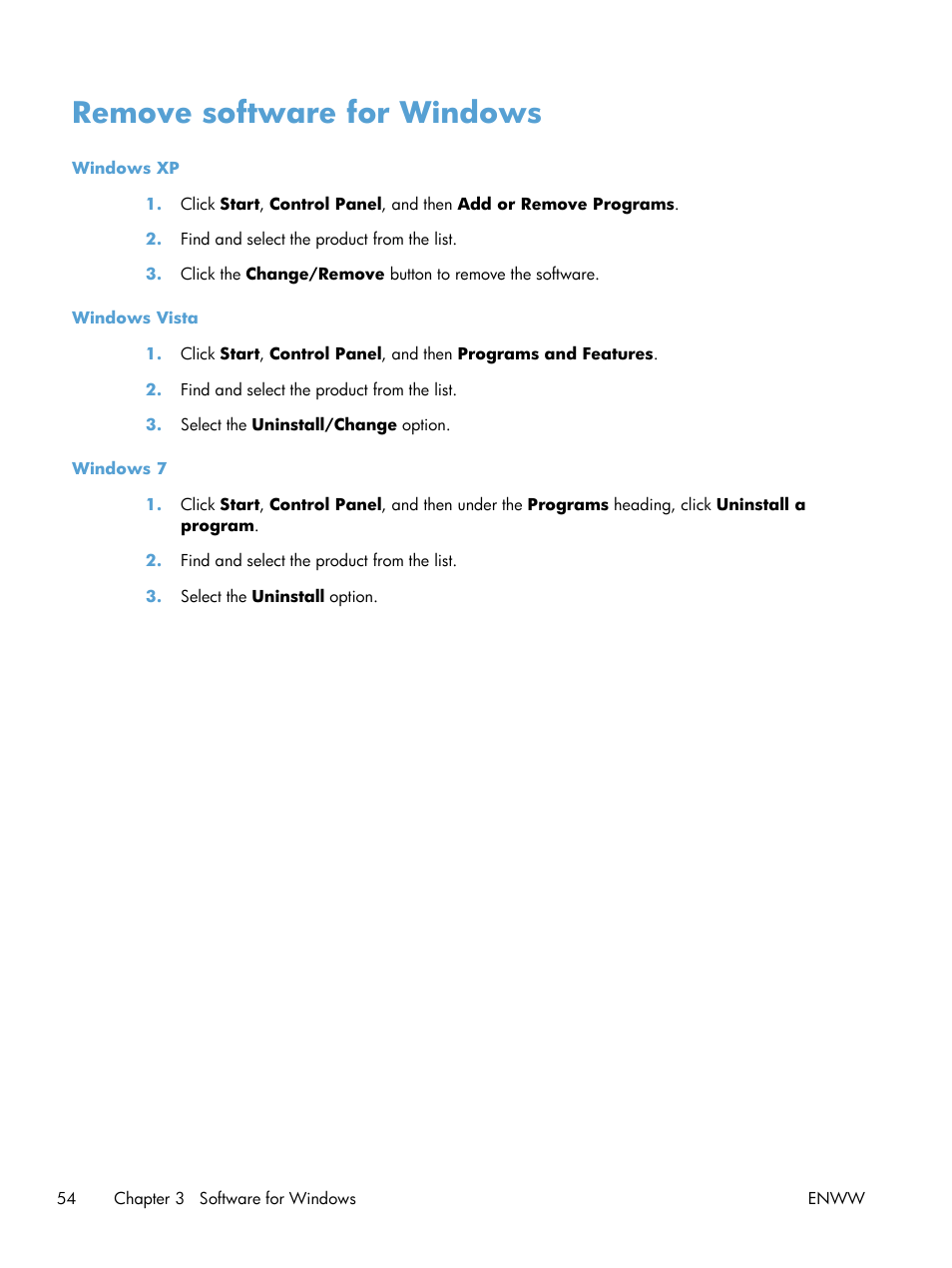 Remove software for windows | HP Color LaserJet Enterprise CM4540 MFP series User Manual | Page 74 / 386