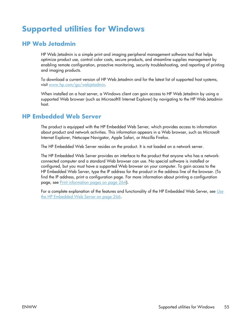 Supported utilities for windows, Hp web jetadmin, Hp embedded web server | Hp web jetadmin hp embedded web server | HP Color LaserJet Enterprise CM4540 MFP series User Manual | Page 75 / 386