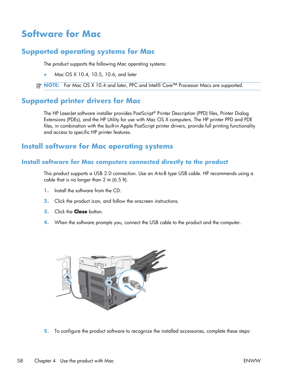 Software for mac, Supported operating systems for mac, Supported printer drivers for mac | Install software for mac operating systems | HP Color LaserJet Enterprise CM4540 MFP series User Manual | Page 78 / 386