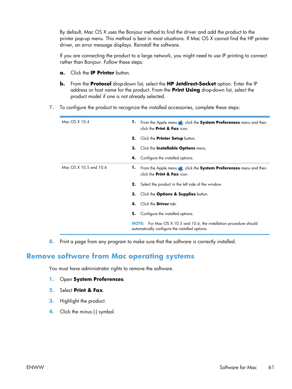 Remove software from mac operating systems | HP Color LaserJet Enterprise CM4540 MFP series User Manual | Page 81 / 386