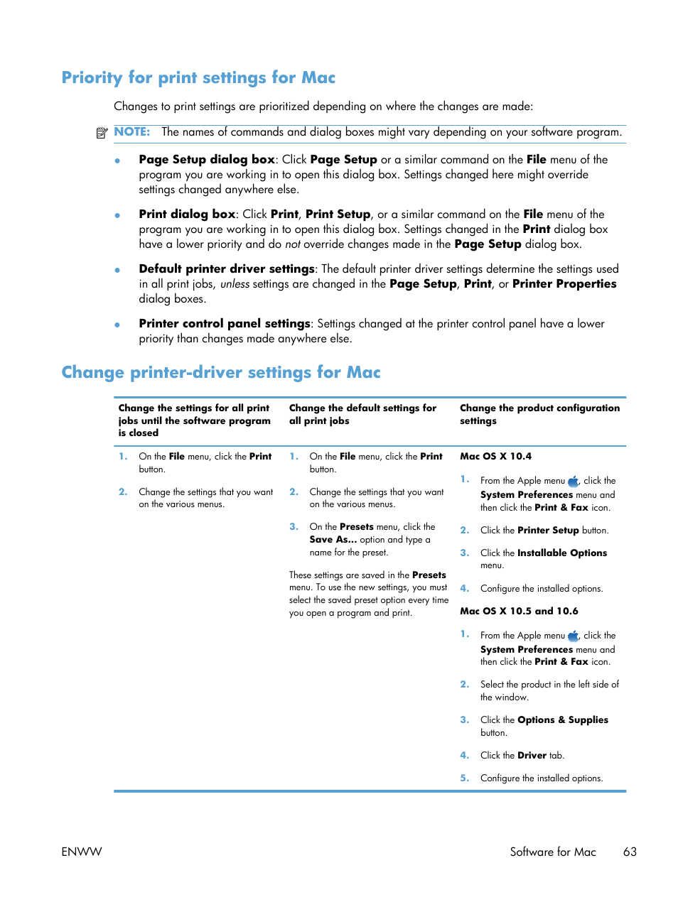 Priority for print settings for mac, Change printer-driver settings for mac | HP Color LaserJet Enterprise CM4540 MFP series User Manual | Page 83 / 386