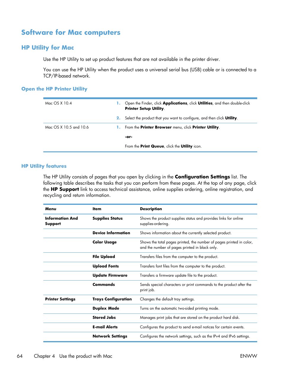 Software for mac computers, Hp utility for mac, Open the hp printer utility | Hp utility features, Open the hp printer utility hp utility features | HP Color LaserJet Enterprise CM4540 MFP series User Manual | Page 84 / 386