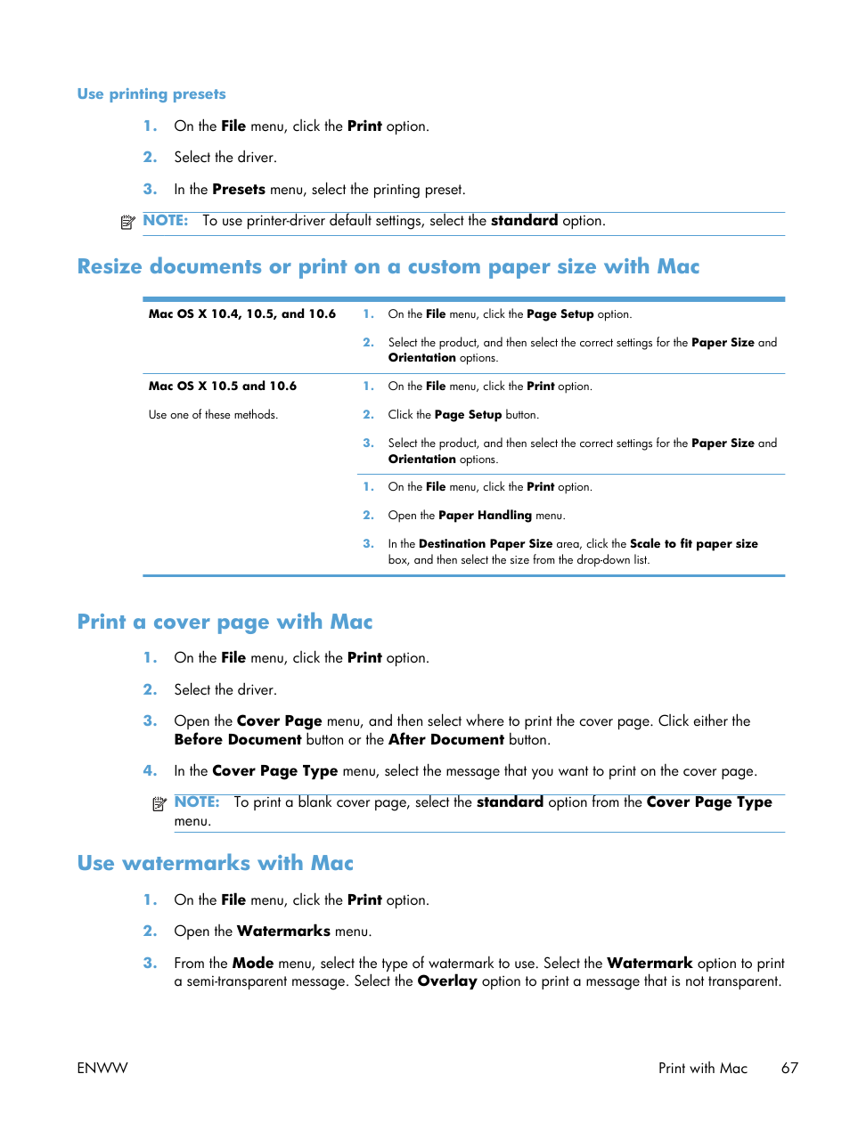 Use watermarks with mac, Print a cover page with mac | HP Color LaserJet Enterprise CM4540 MFP series User Manual | Page 87 / 386