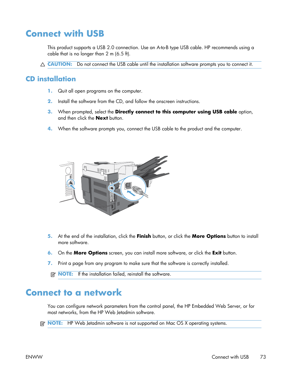 Connect with usb, Cd installation, Connect to a network | HP Color LaserJet Enterprise CM4540 MFP series User Manual | Page 93 / 386