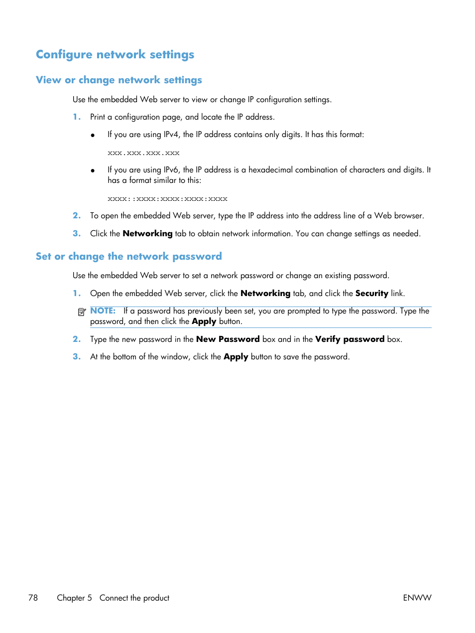 Configure network settings, View or change network settings, Set or change the network password | HP Color LaserJet Enterprise CM4540 MFP series User Manual | Page 98 / 386