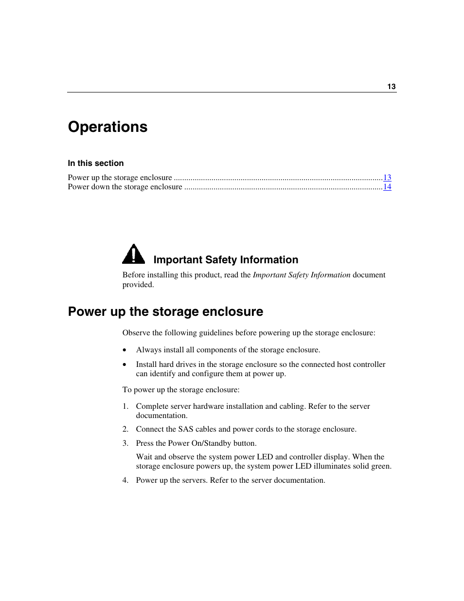 Operations, Power up the storage enclosure, Operations 13 | HP 50 Modular Smart Array User Manual | Page 13 / 63